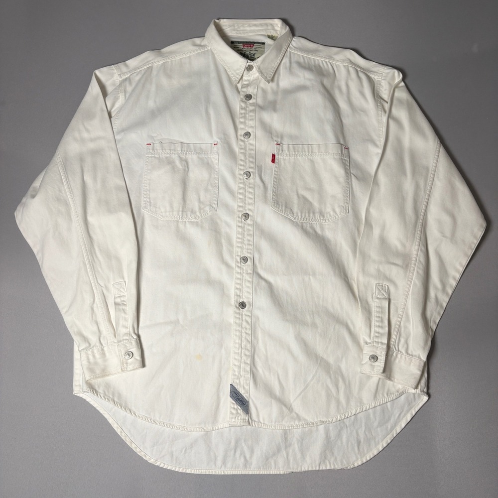Vintage Levis Mens XL White Cotton Twill Long Sleeve Button Down Work Shirt